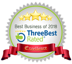 “Best Business of 2018” award badge with five gold stars, “ThreeBest Rated” text, and red “Excellence” ribbon