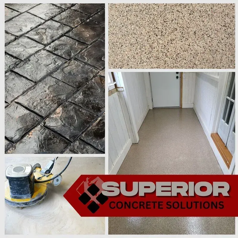 A collage of pictures of concrete floors and a sign that says superior concrete solutions
