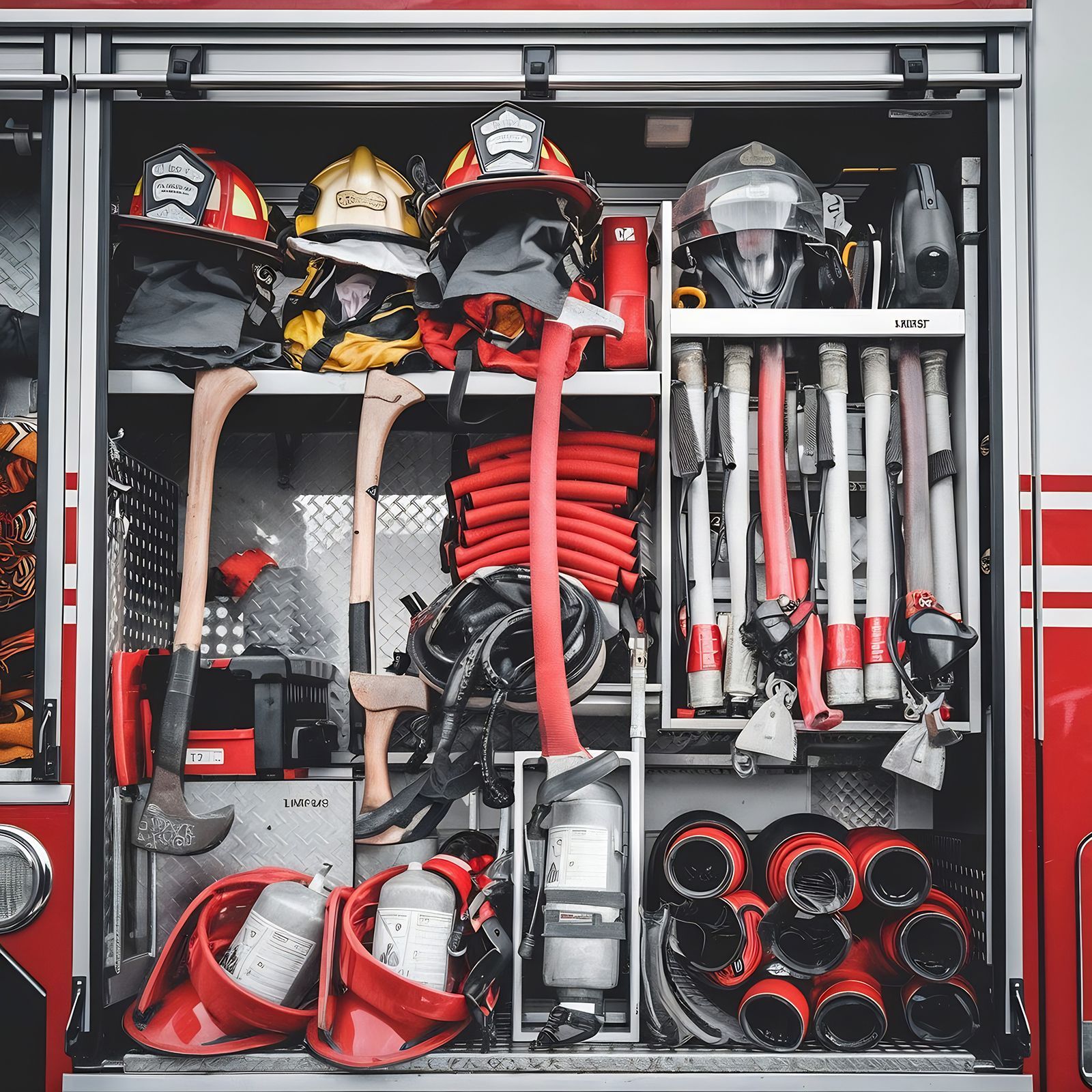 Compartimento de camión de bomberos lleno de equipo contra incendios: cascos, hachas, mangueras y extintores.