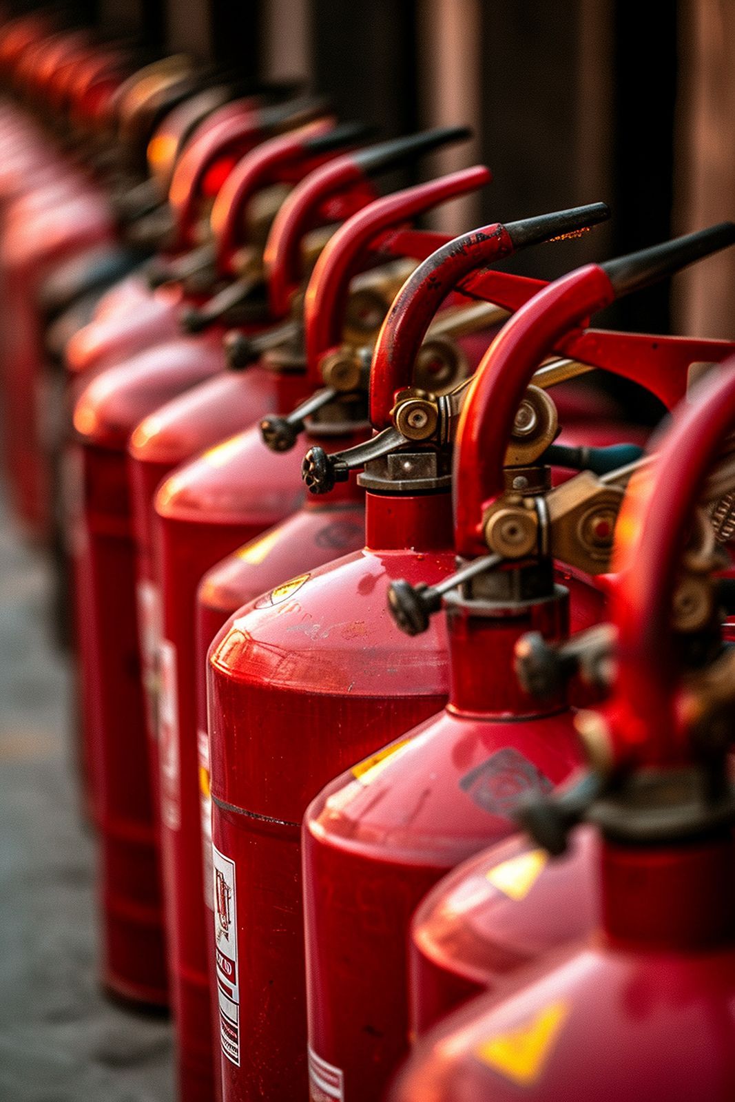 Fila de extintores rojos con mangos rojos, listos para usar.
