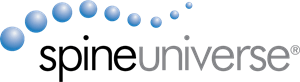 A logo for spine universe with blue bubbles on a white background