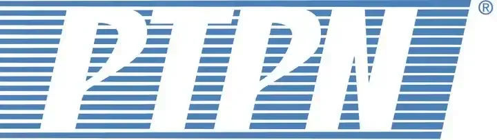 A close up of a blue and white striped logo on a white background.