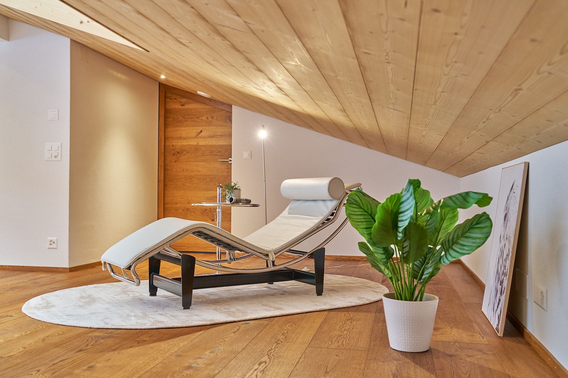 In einem Raum steht ein Liegestuhl neben einer Topfpflanze.
