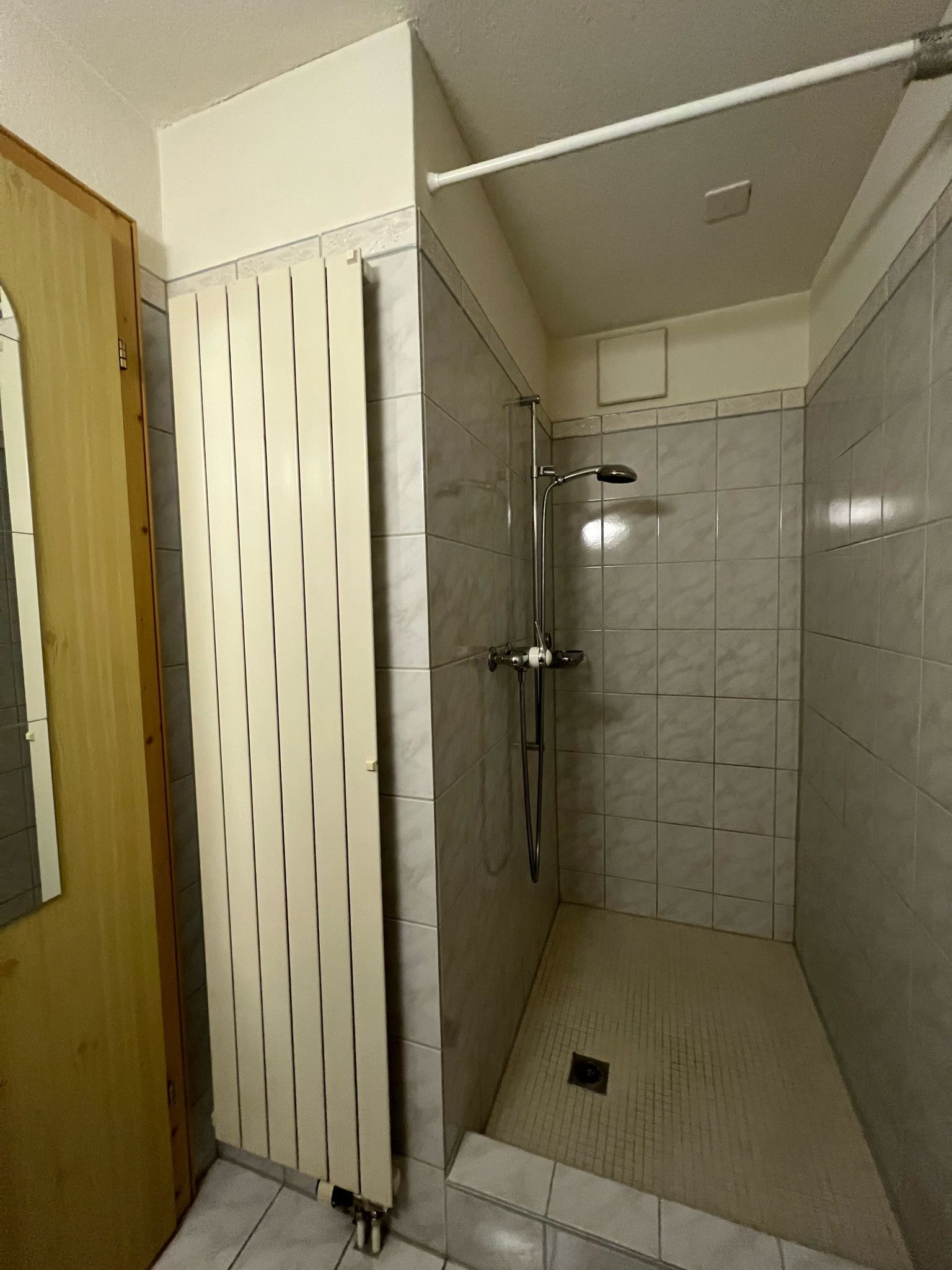 Ein Badezimmer mit ebenerdiger Dusche und Spiegel