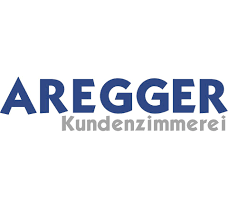 ein blau-weißes Logo für eine Firma namens Aregger Kundenzimmerei.
