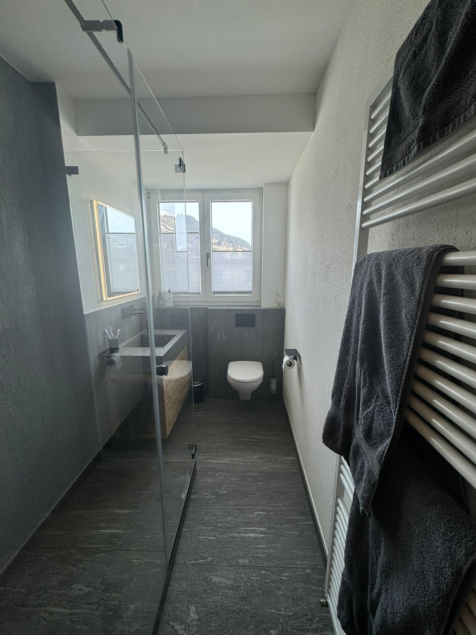 Ein Badezimmer mit Toilette, Waschbecken und Handtuchhalter.
