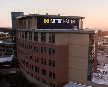 Metro Health hospital building with the logo on top.