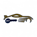 Car and key logo, gold and blue, with 24/7 on key and speed lines.