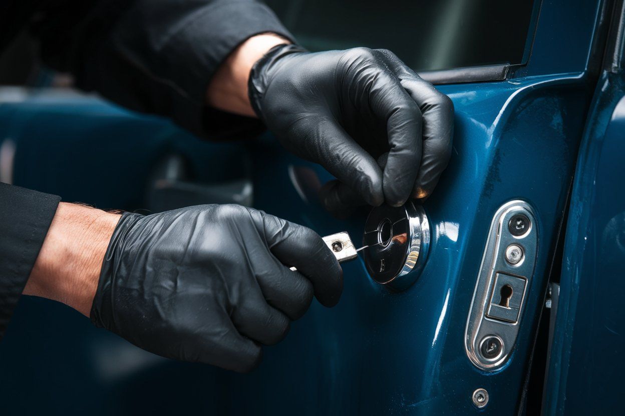 Shiny brass-colored keys on a table.