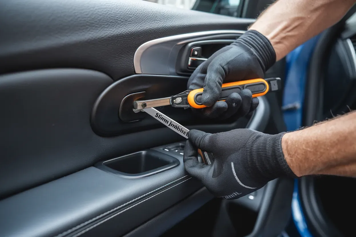 A man is fixing a door handle with a screwdriver.