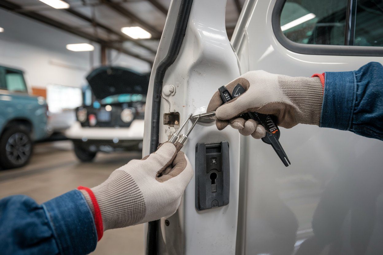A person wearing leather gloves is opening a door with a screwdriver.