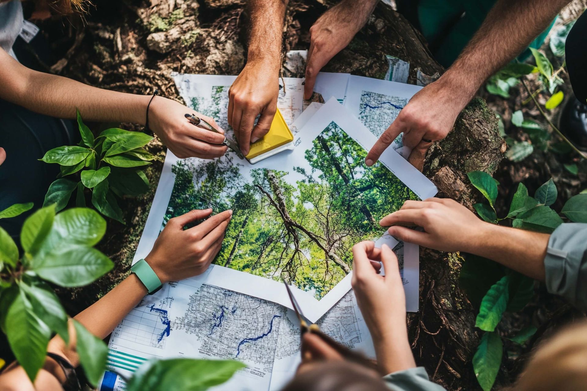 Un groupe de personnes regarde une carte d'une forêt