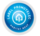 Une étiquette bleue et blanche sur laquelle est écrit label promotelec habitat neuf