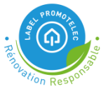 Un logo bleu et vert sur lequel est écrit label promotelec renovation responsable