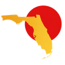 A yellow silhouette of the state of Florida set against a solid red circle on a white background.
