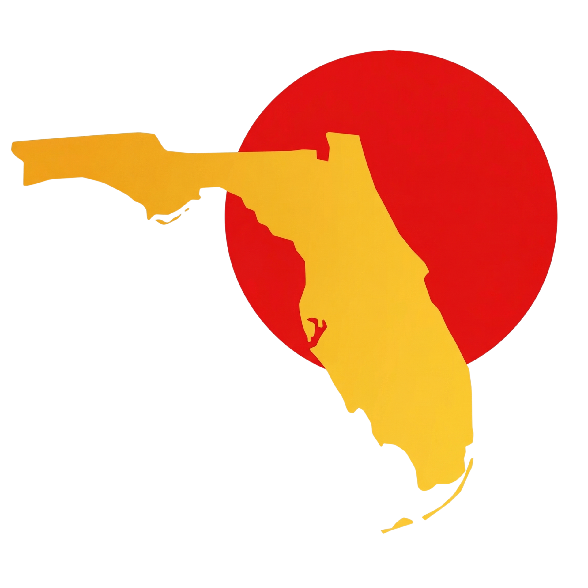 A yellow silhouette of the state of Florida set against a solid red circle on a white background.