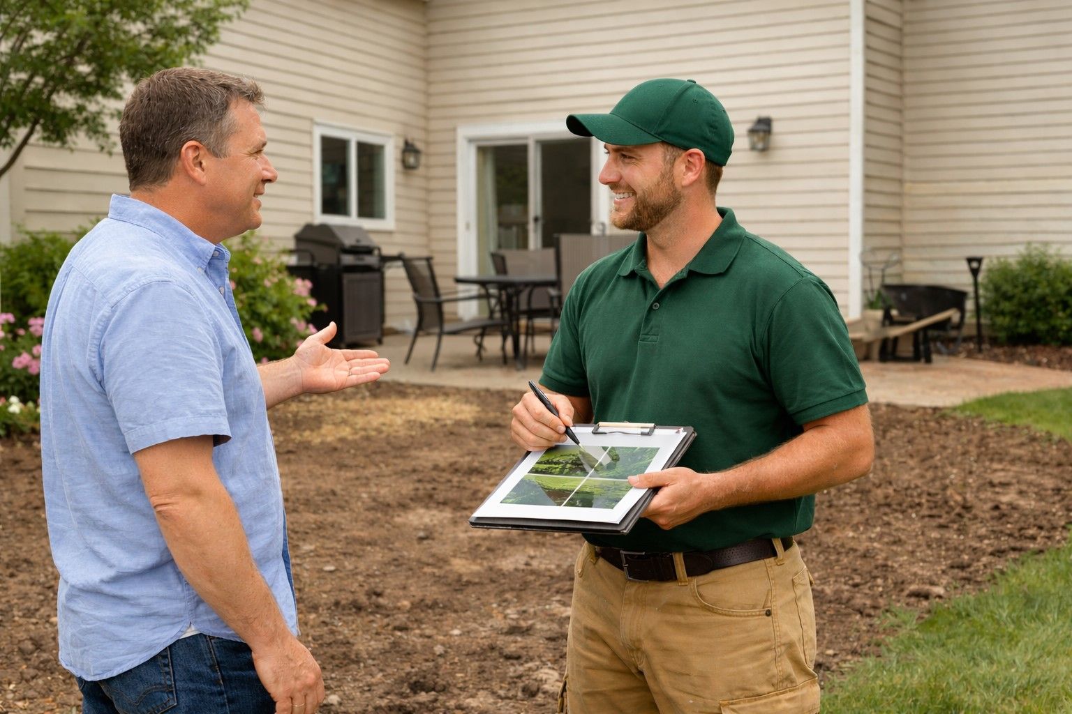Man talking to a landscaping professional holding a clipboard outdoors near a garden bed and patio.