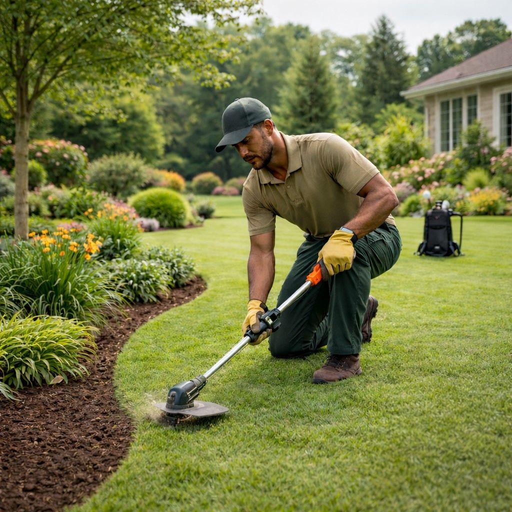 Man using a string trimmer to edge a lawn next to a flower bed. Outdoors, sunny.