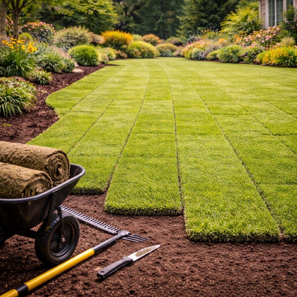 Laying sod in a backyard garden; rolls of grass, wheelbarrow, gardening tools, green grass, colorful flowers.