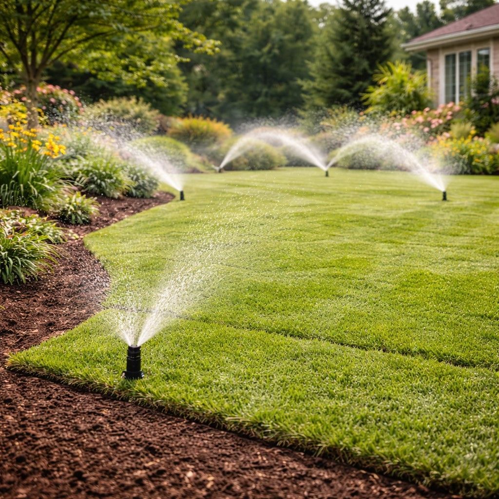 Sprinklers watering a green lawn in a yard next to a flowerbed and house.