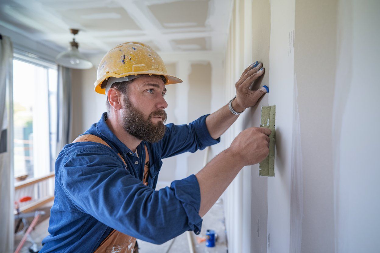 A man is measuring a wall with a tape measure.