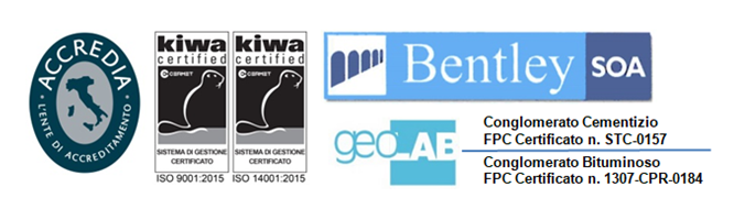 Loghi di Accredia, certificazione Kiwa, Bentley SOA e Geo-AE con dettagli di certificazione FPC per materiali da costruzione.