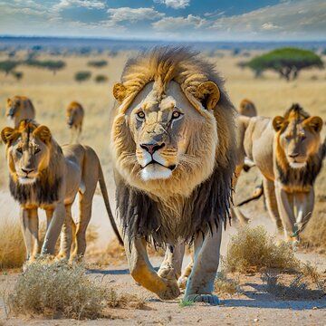 Leones avanzando en una sabana seca. Un león macho al frente, seguido de otros leones.