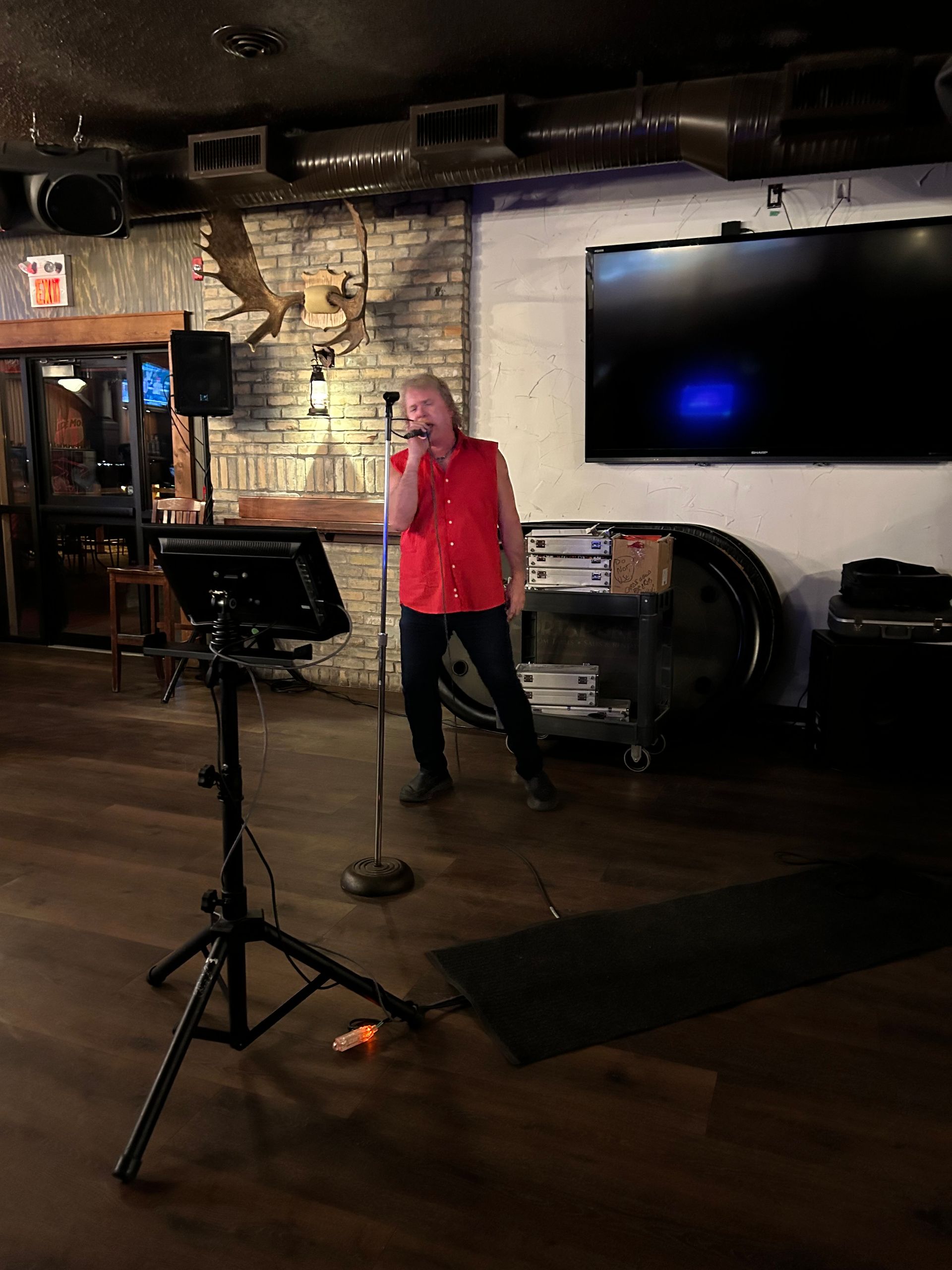 A band performs in a whimsical venue. Two guitarists and a singer. A person seated listens.