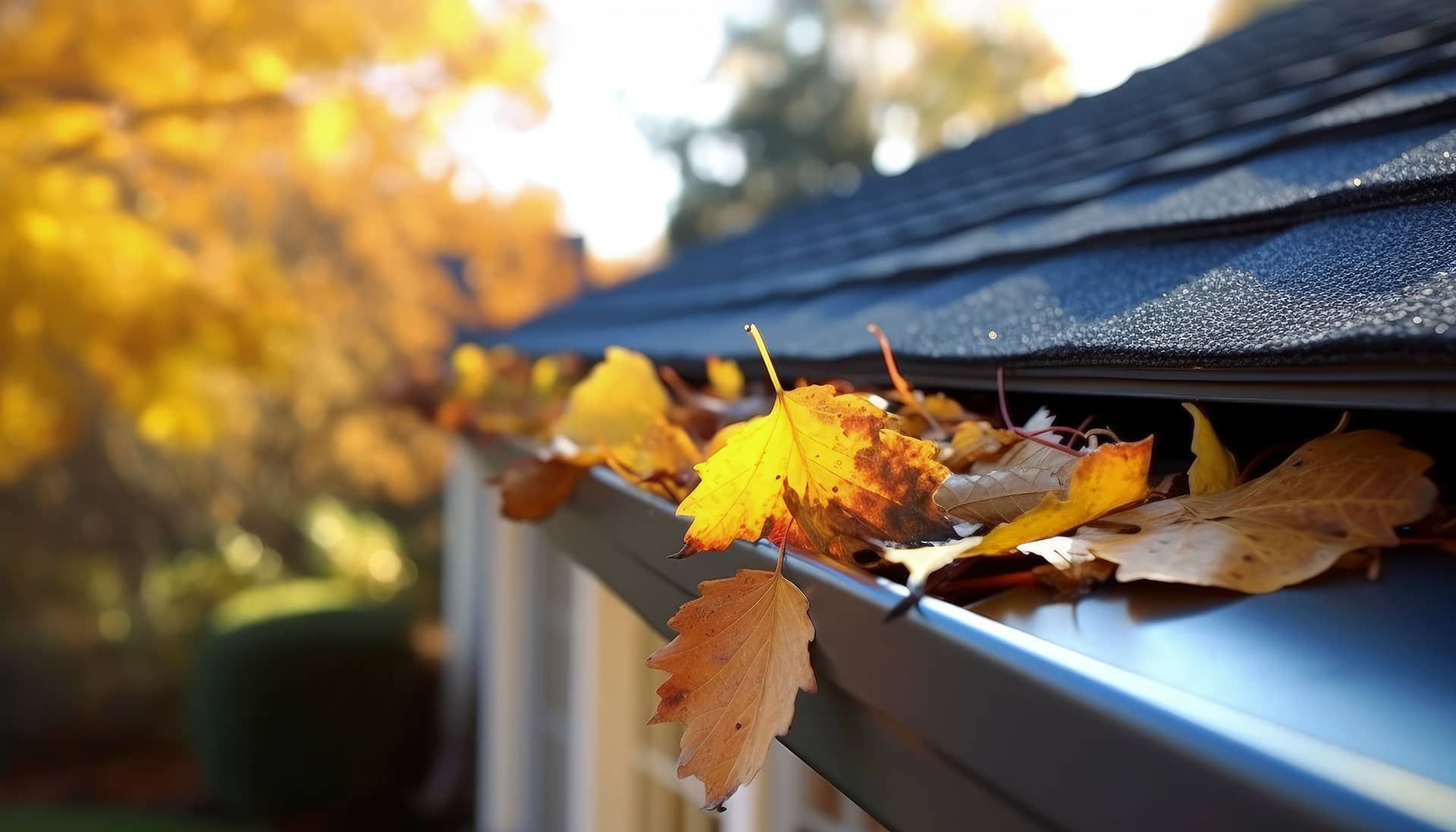 Gutters full of autumn leaves on a roof; the background has fall foliage.