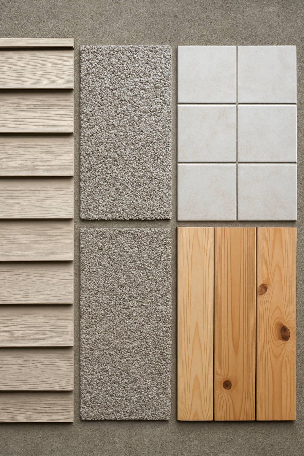 A collection of different types of wood and tiles on a concrete surface.