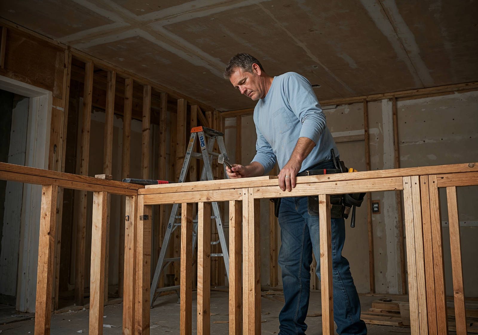 A man is working on a wooden railing in a building under construction.