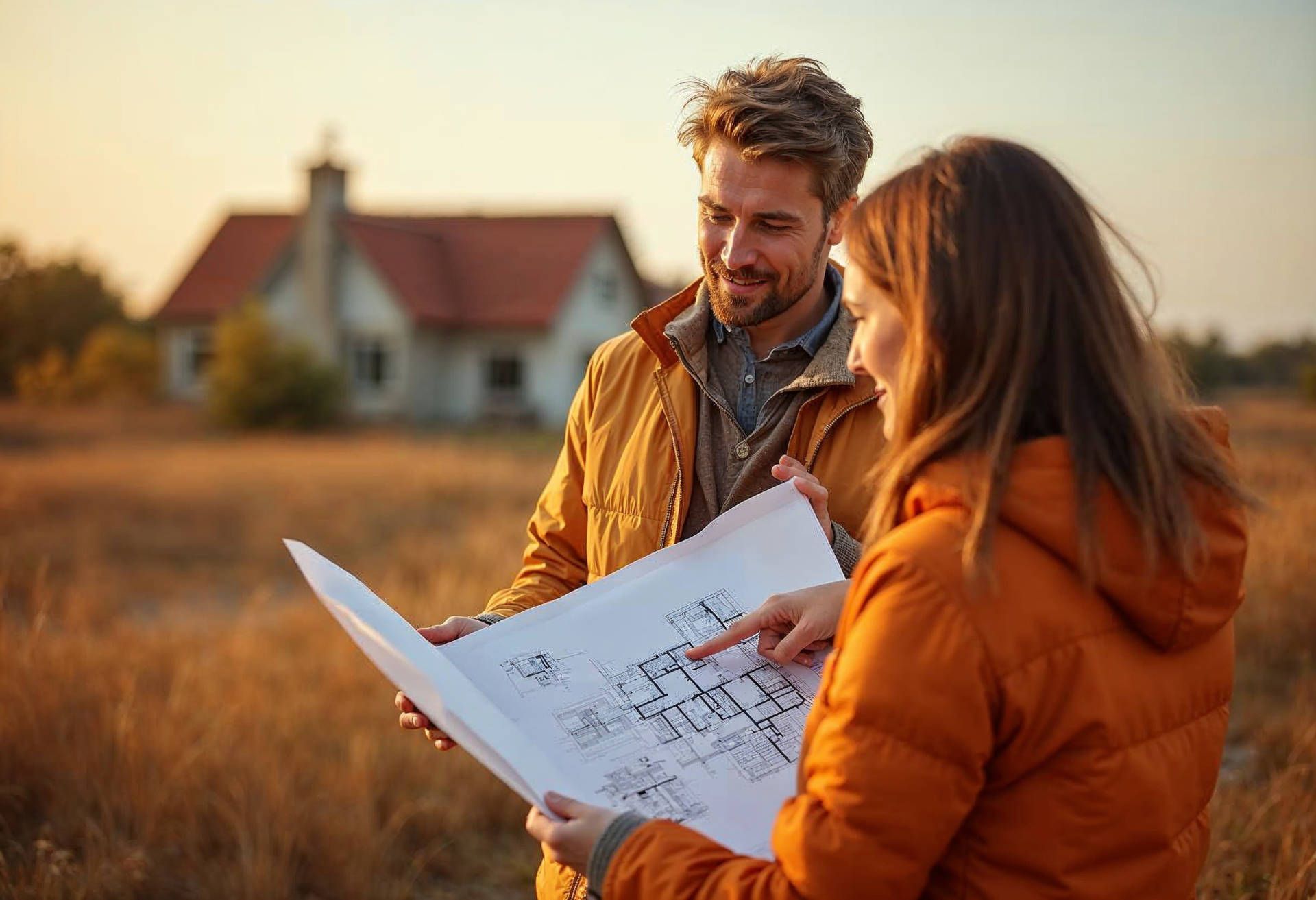 A man and a woman are looking at a blueprint of a house.