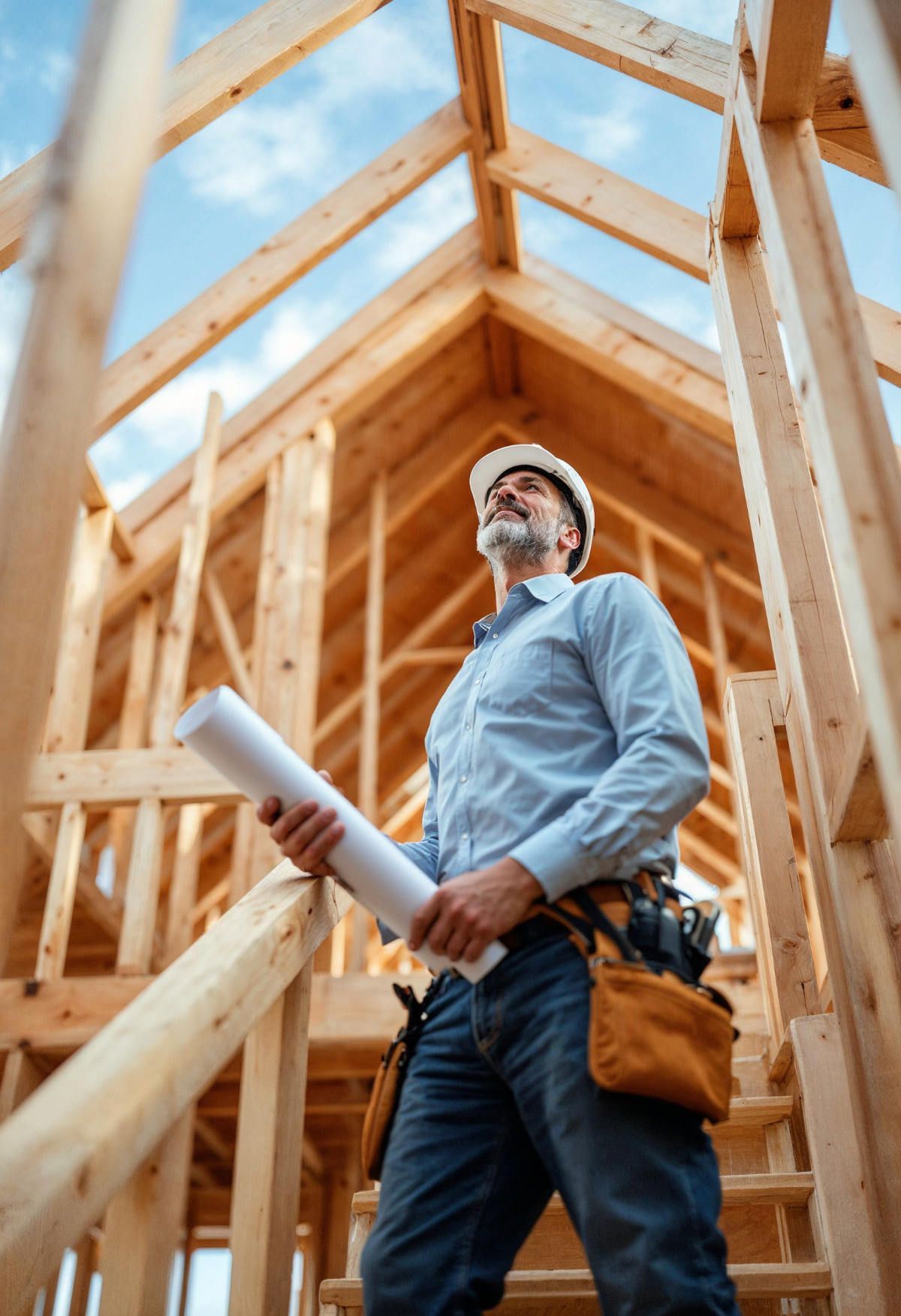 A construction worker is standing in the middle of a wooden structure holding a blueprint.