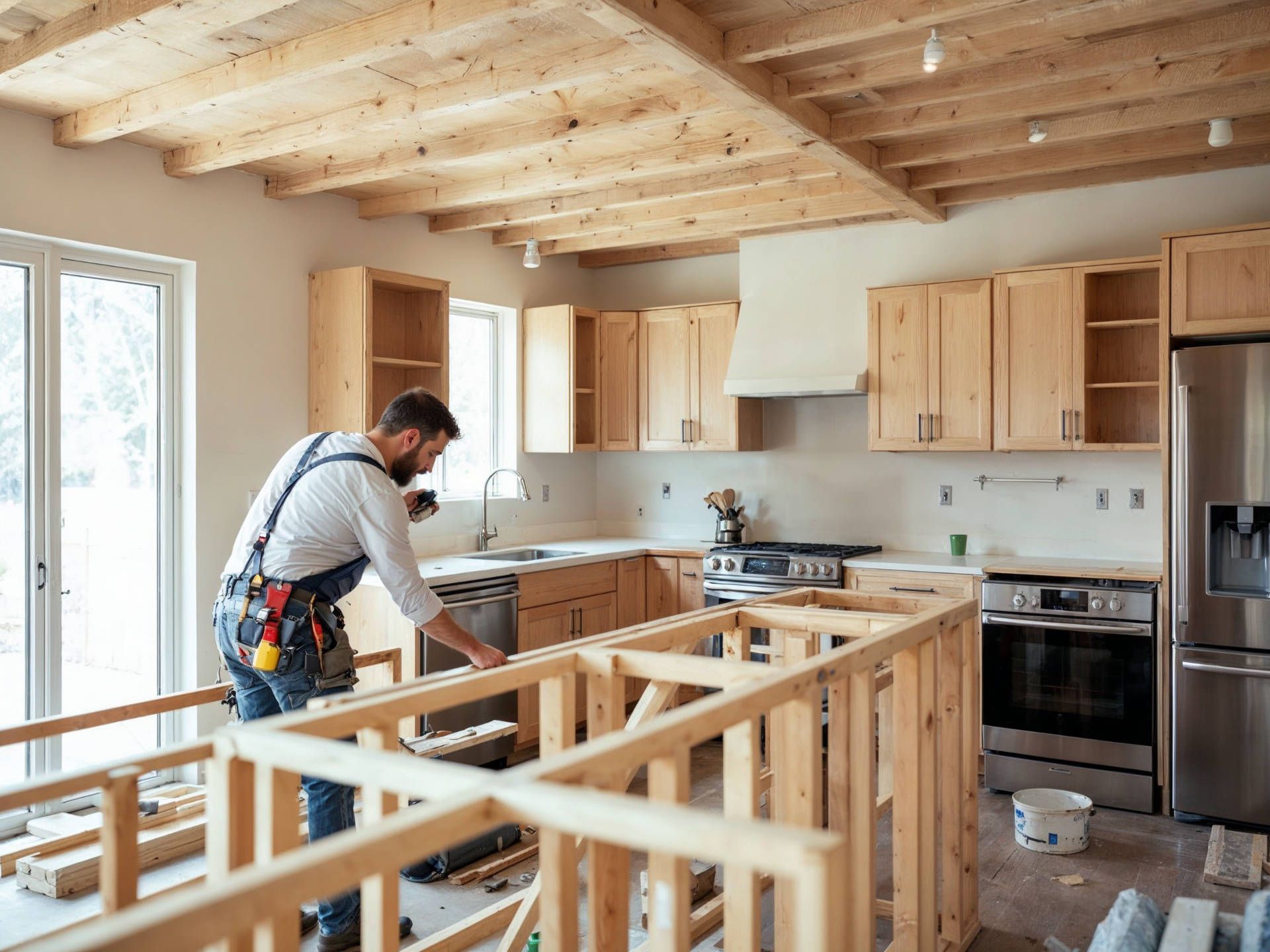 A man is working on a kitchen under construction.