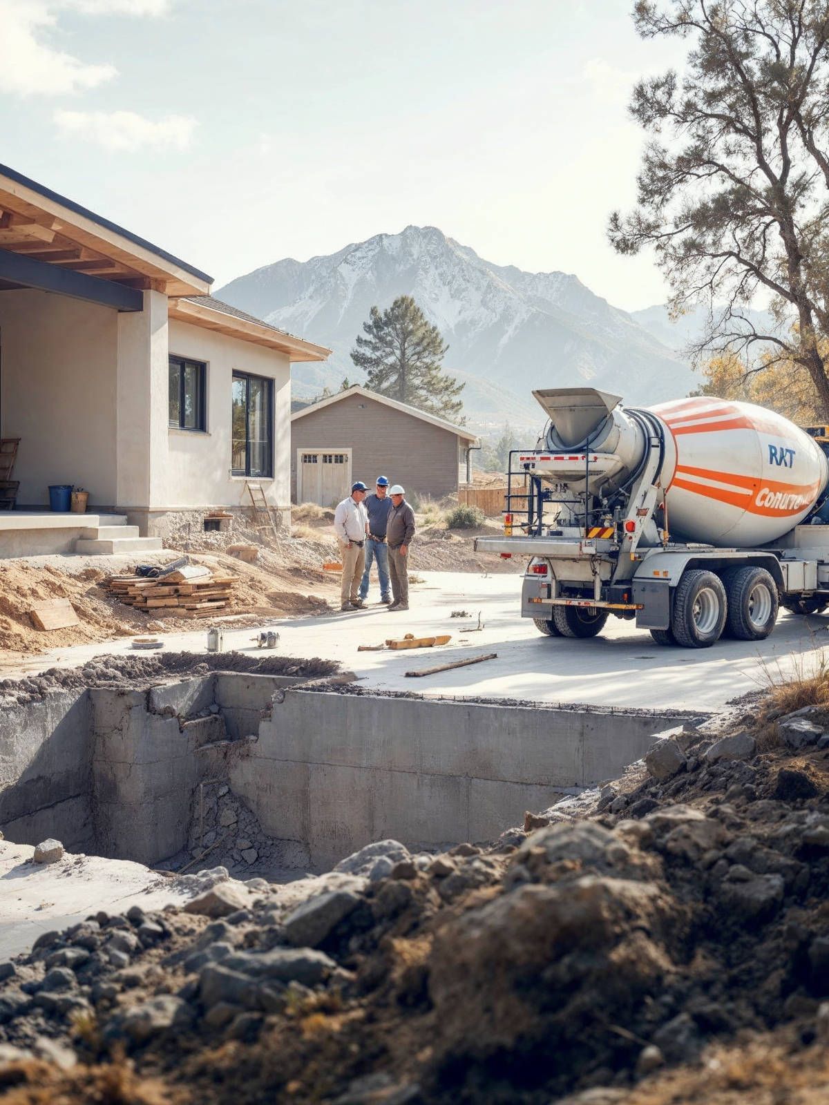 A concrete mixer truck is driving down a road in front of a house under construction.