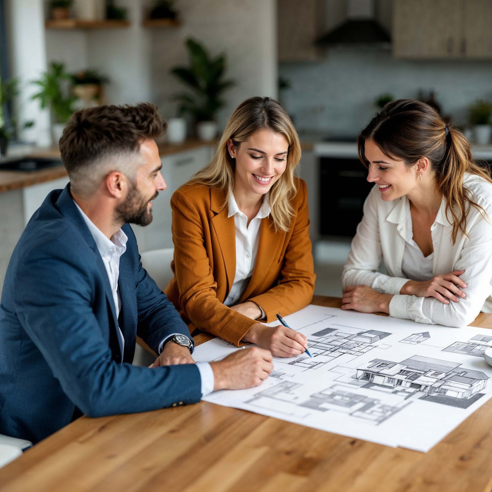 A group of people are sitting at a table looking at a house plan.