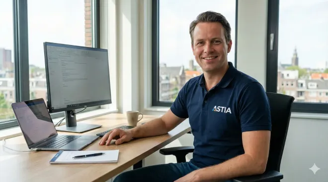 Man glimlacht achter een bureau met computer, laptop en notitieboek, in een kantooromgeving.