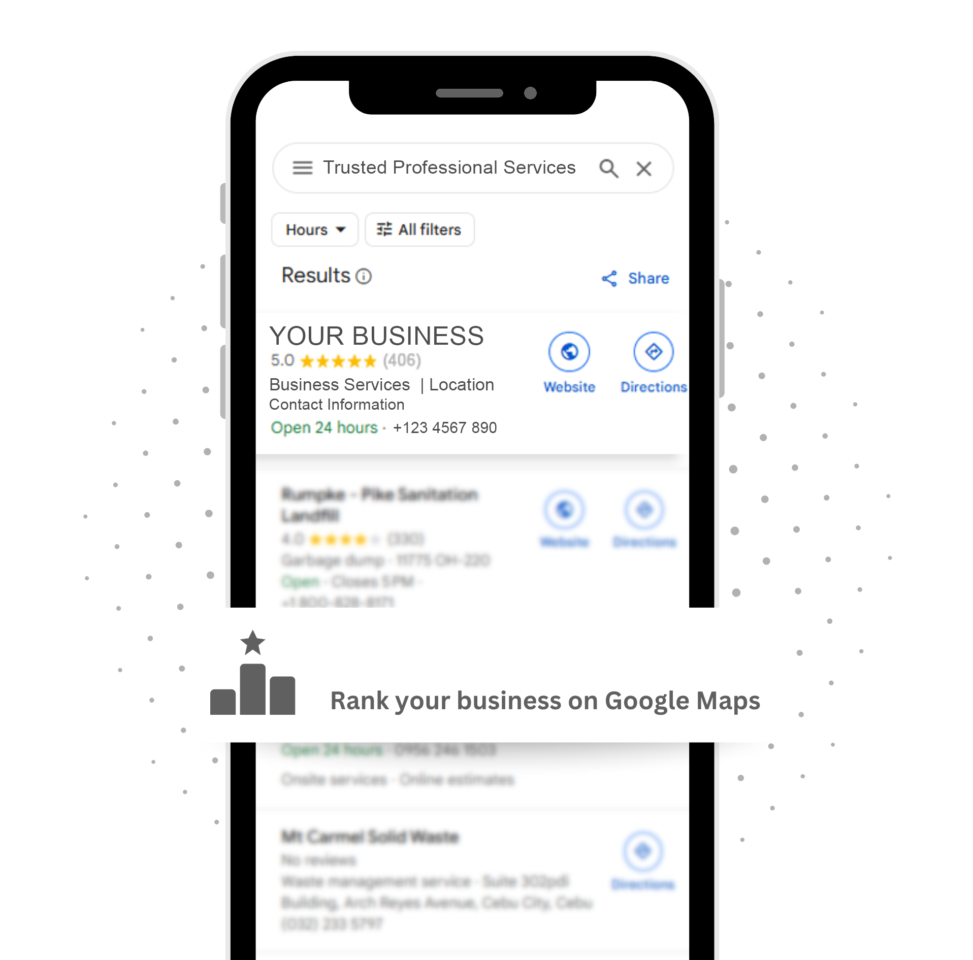 A phone screen displaying a Google Maps search for 