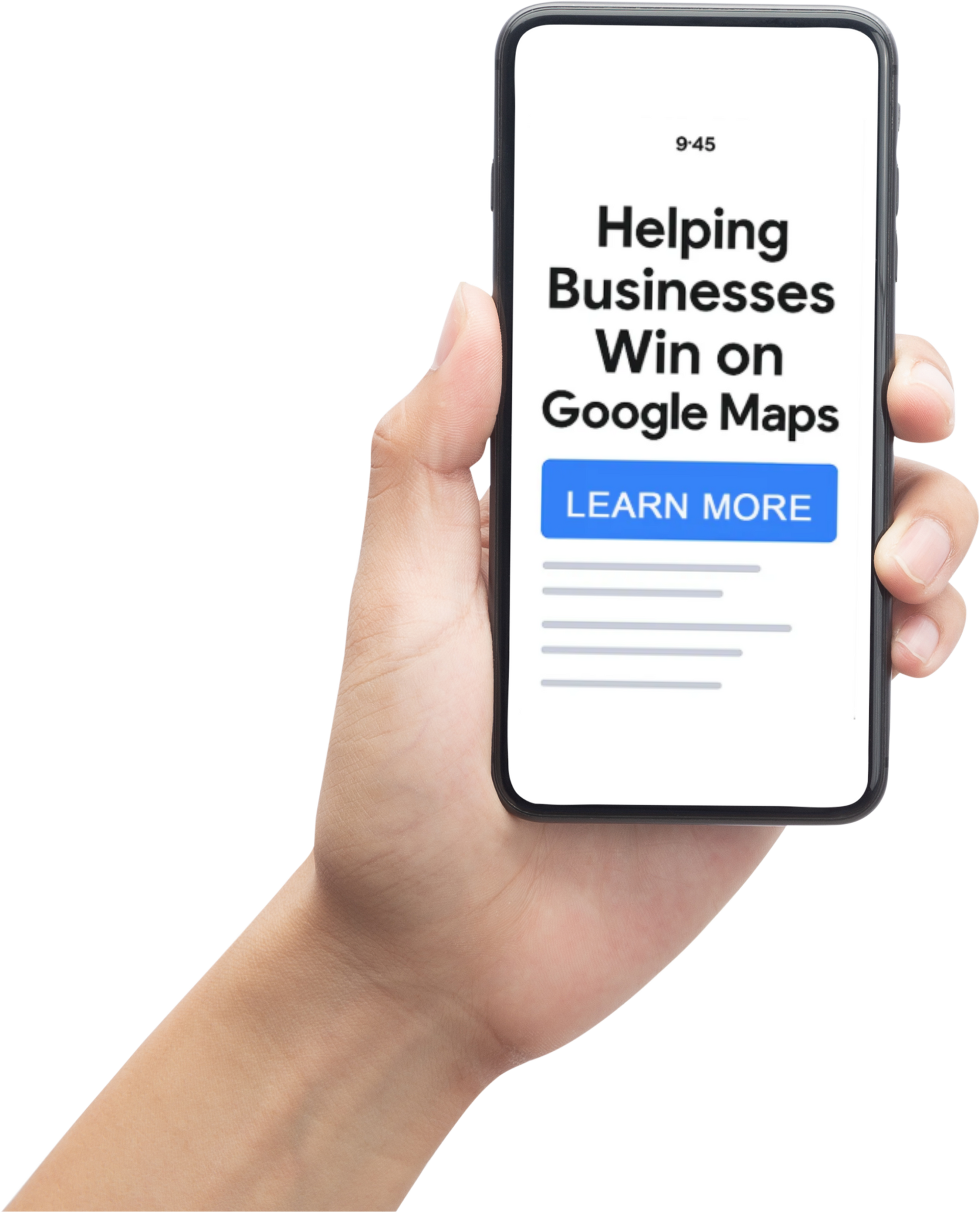 Hand holding a phone displaying a Google search for a business in Denver, CO, with map and business details.