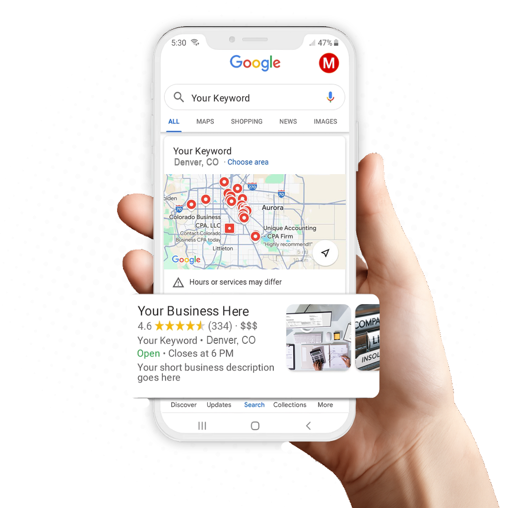 Hand holding a phone displaying a Google search for a business in Denver, CO, with map and business details.