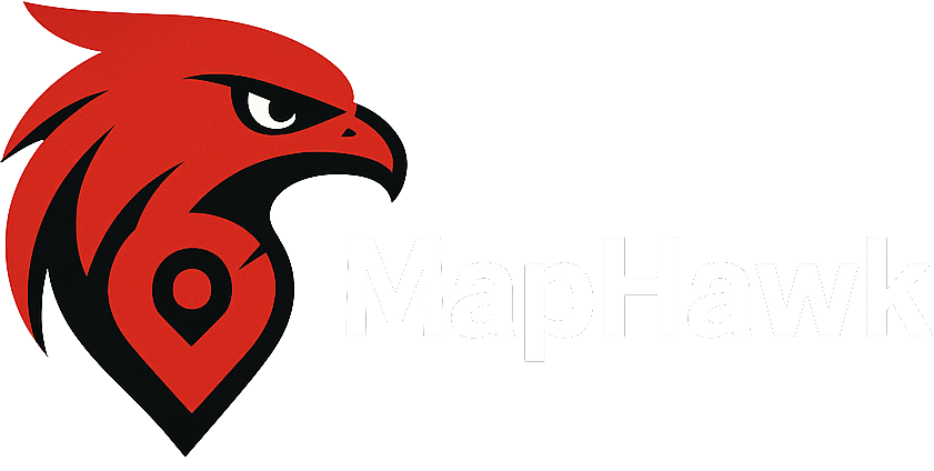 Red hawk head logo with location pin; 