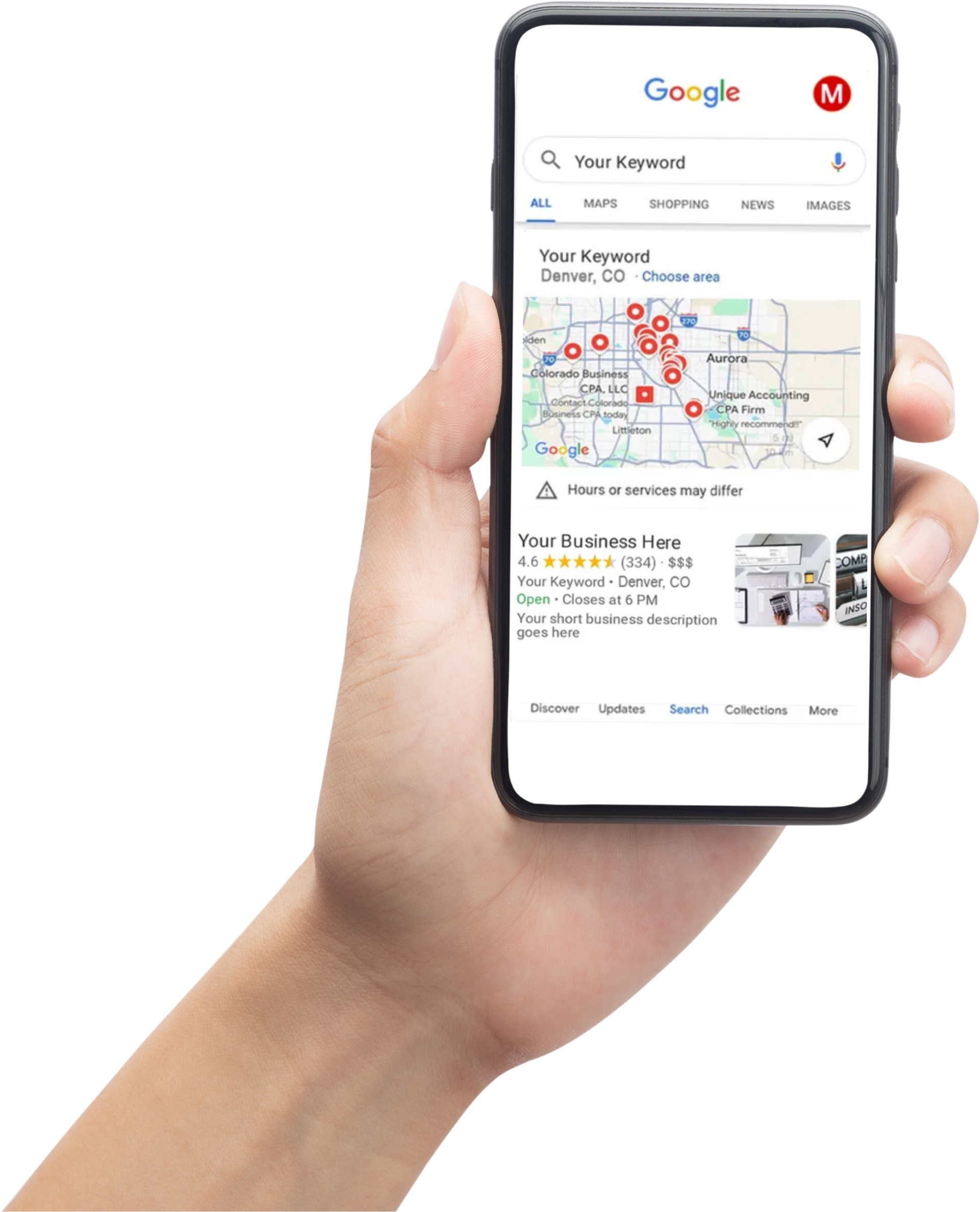 Hand holding a phone displaying a Google search for a business in Denver, CO, with map and business details.