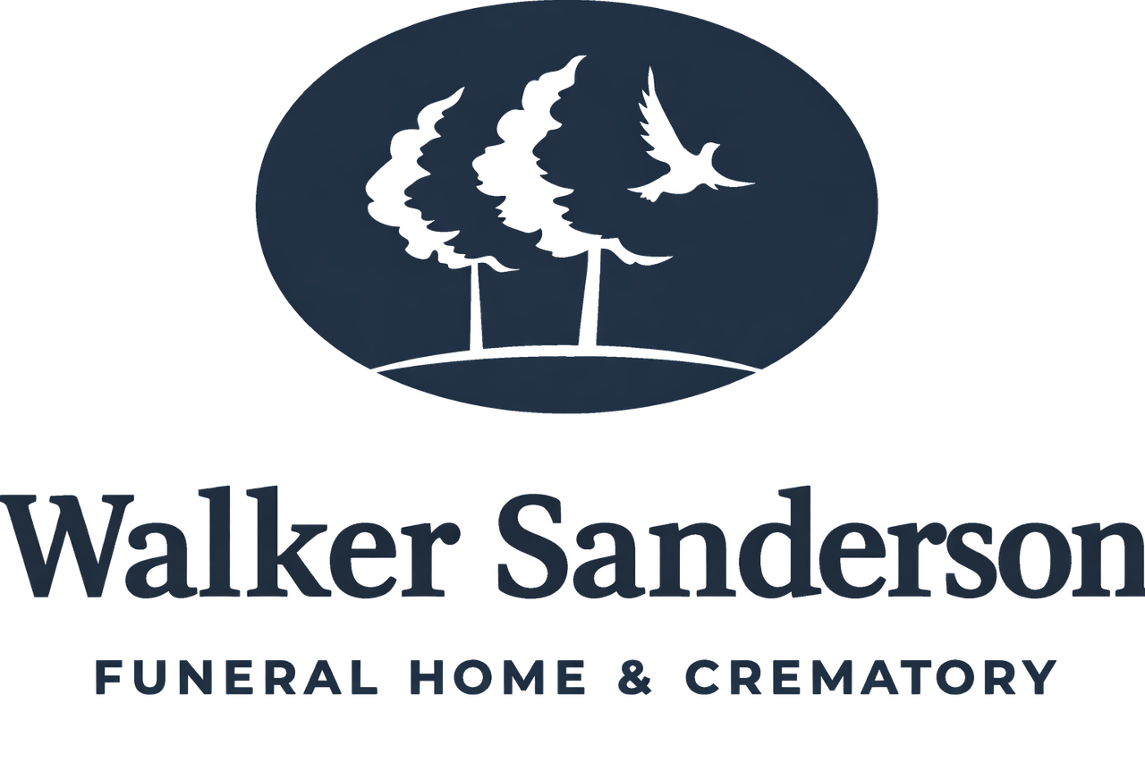 Logo for Walker Sanderson Funeral Home & Crematory, featuring trees, a dove, and text.