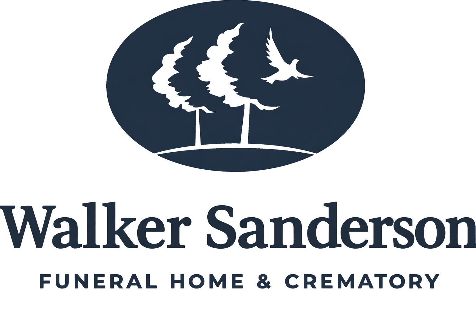 Logo for Walker Sanderson Funeral Home & Crematory, featuring trees, a dove, and text.