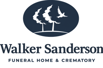 Logo for Walker Sanderson Funeral Home & Crematory, featuring trees, a dove, and text.