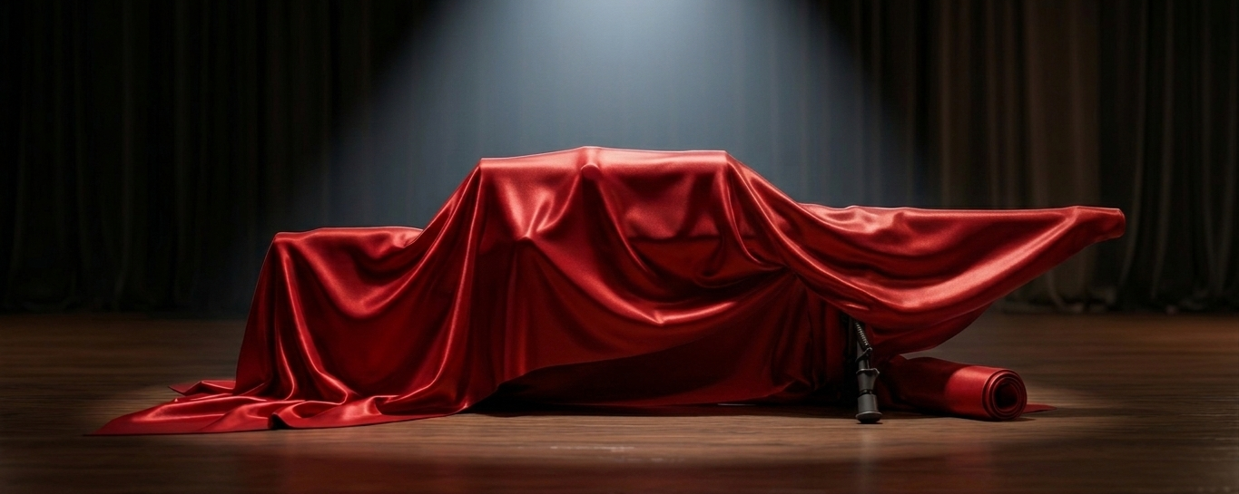 A shiny red cloth draped over an object on a wooden stage, illuminated by a spotlight against a dark curtain background.