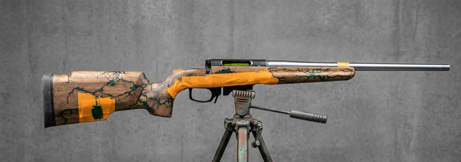 A bolt-action rifle with a wood-grain and orange pattern stock mounted on a tripod against a grey background.