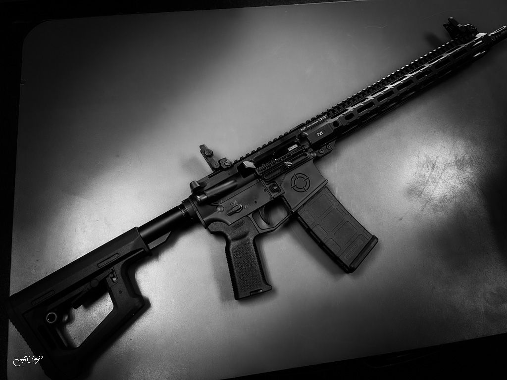 Black semi-automatic rifle with a Texas-shaped emblem on the side, displayed on a light surface.