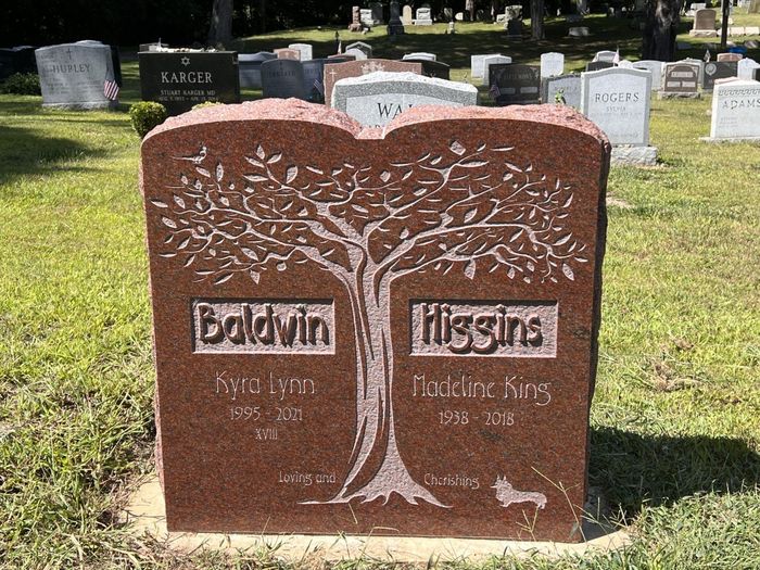 A red headstone for the Baldwin Higgins family with a tree engraved in the middle.