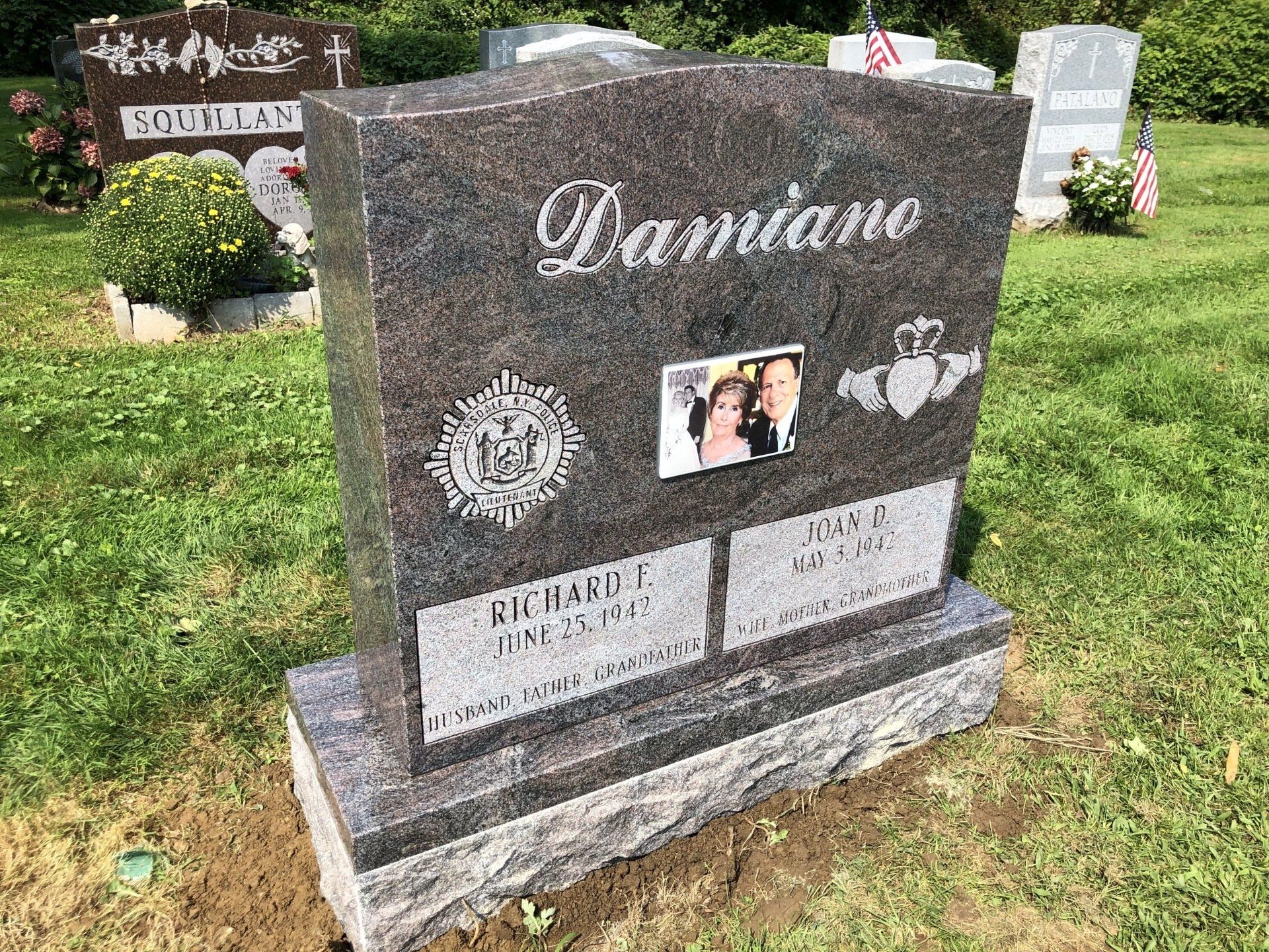 Damiano Porcelain Photo Double Wide Upright Outlined Lettering Polished 5 Polished Margin Base Flat Carved Designs